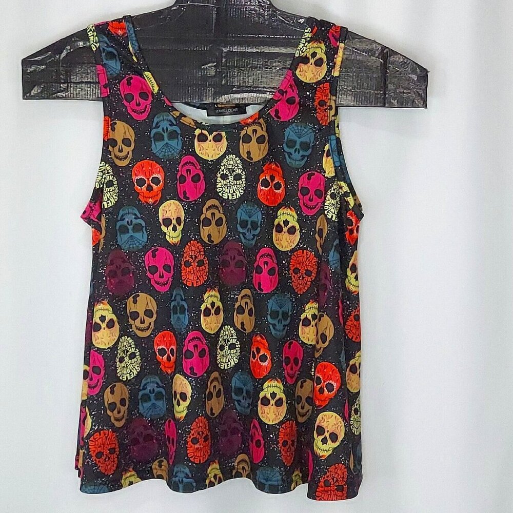 Skull Print Sleeveless Tank Top Multicolor Skeletons Black Size XL LoveUDear